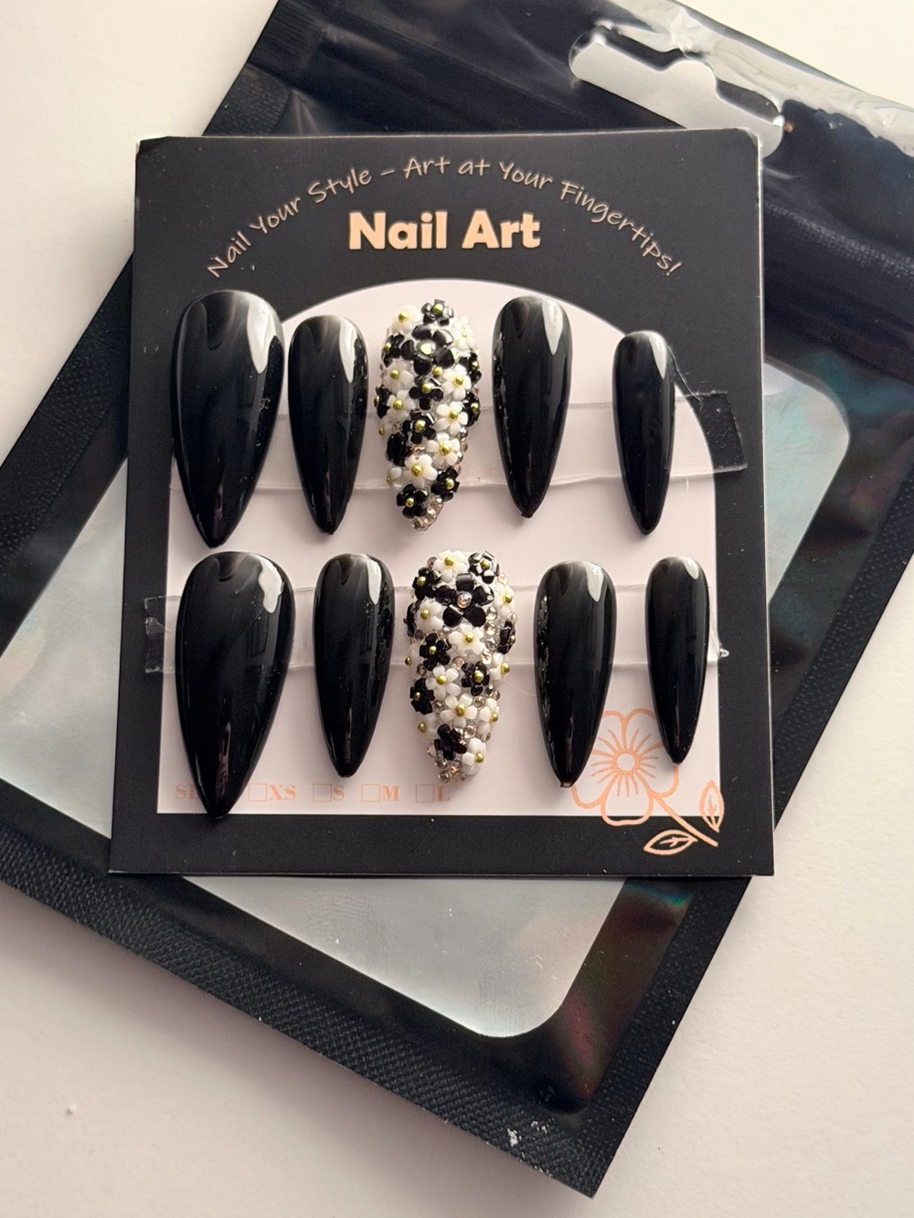Black Stiletto Press-On Nails with 3D Floral Accent